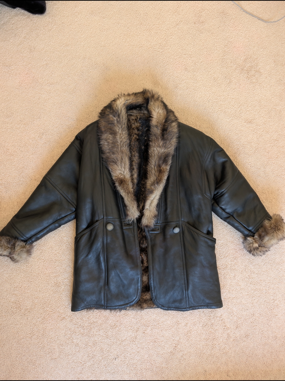 Black Genuine Lambskin Leather Fur Lined Coat - Size 44
